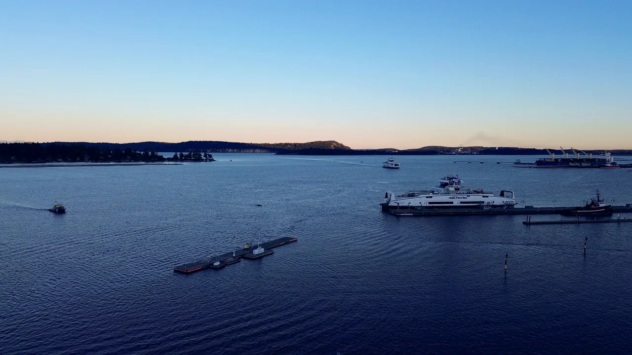 A ferry at its terminal in Nanaimo harbour at dusk